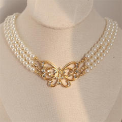 Vintage hollow out butterfly pearl choker necklace