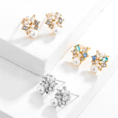 Elegant easy match color cubic zircon pearl bead copper studs earrings