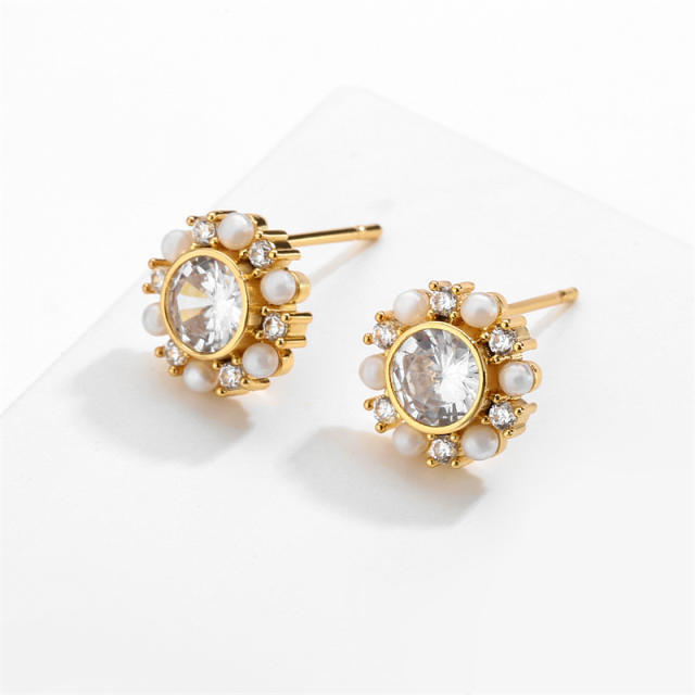 Concise chic round cubic zircon faux pearl bead studs earrings