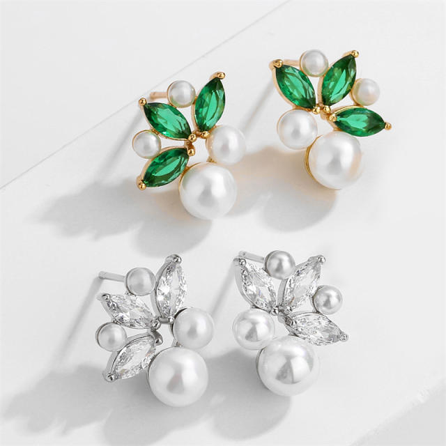 Chic delicate pearl bead cubic zircon copper studs earrings