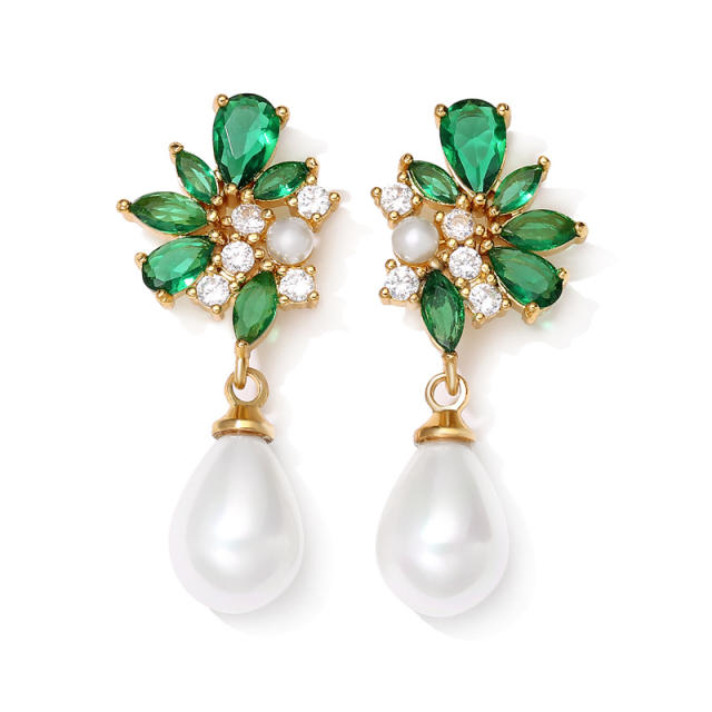 Elegant wedding party emerald cubic izrcon pearl drop earrings