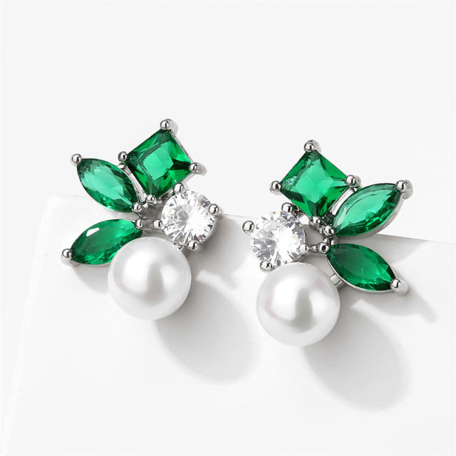 Elegant pearl bead emerald cubic zircon copper studs earrings