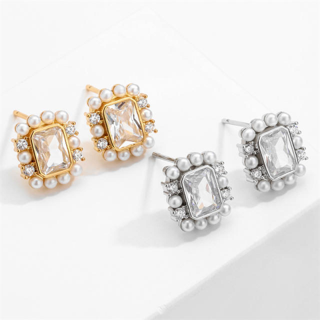 Elegant pearl bead cubic zircon copper studs earrings