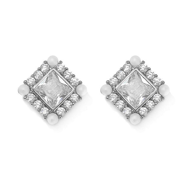 Chic OL easy match square shape cubic zircon pearl bead copper studs earrings