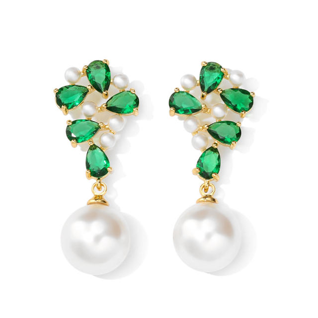 Holiday trend emerald cubic zircon pearl drop copper earrings
