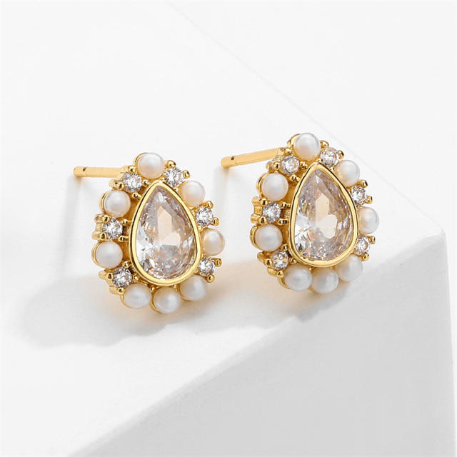 Chic tear drop cubic zircon water pearl bead copper studs earrings