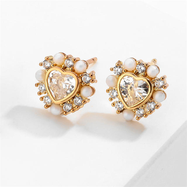 Delicate heart shape cubic zircon pearl bead studs earrings