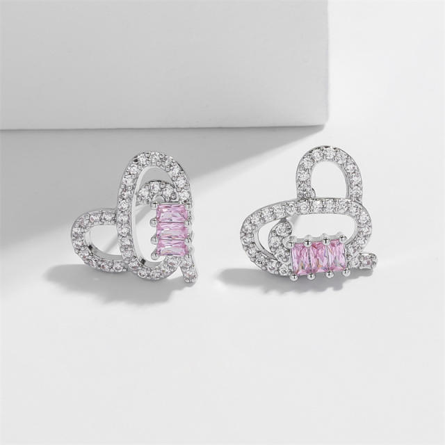Sweet diamond heart pink cubic zircon copper studs earrings