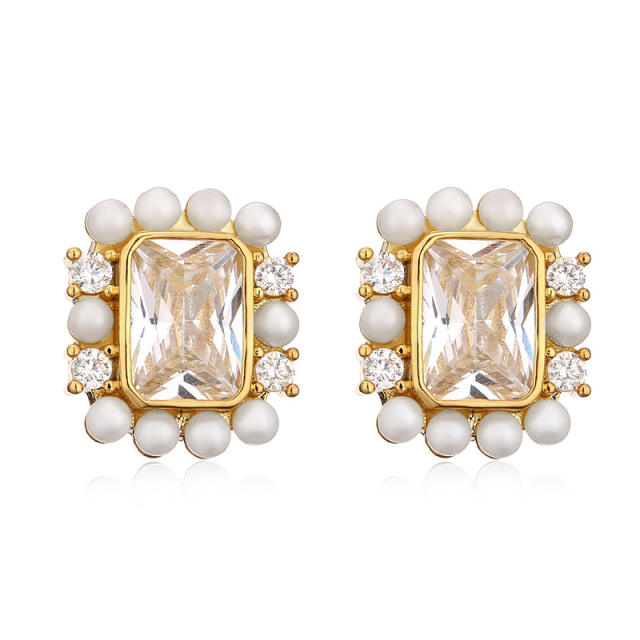 Elegant pearl bead cubic zircon copper studs earrings