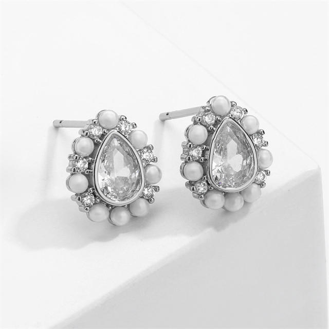 Chic tear drop cubic zircon water pearl bead copper studs earrings
