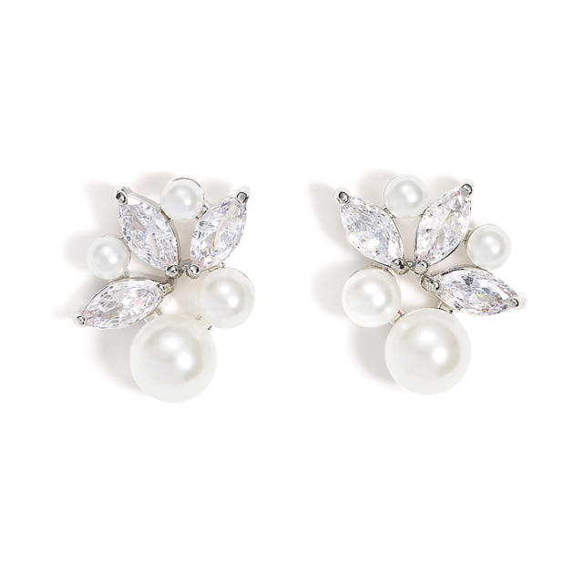 Chic cubic zircon pearl bead women studs earrings