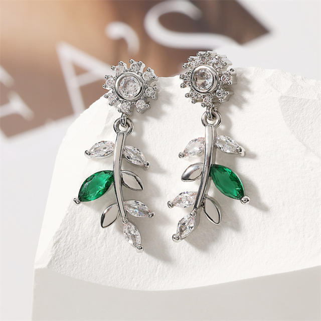 Delicate emerald cubic zircon leaf design copper diamond earrings