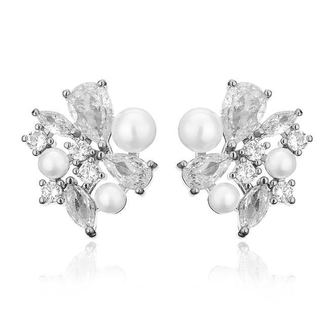 Korean fashion luxury pearl bead cubic zircon copper studs earrings