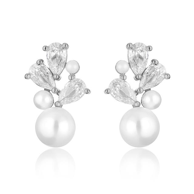 Elegant cubic zircon drop pearl bead earrings