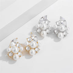 Elegant pearl bead cubic zircon wedding diamond studs earrings