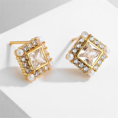 Chic OL easy match square shape cubic zircon pearl bead copper studs earrings