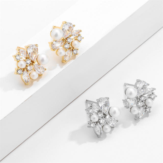 Korean fashion luxury pearl bead cubic zircon copper studs earrings