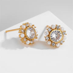 Concise chic round cubic zircon faux pearl bead studs earrings