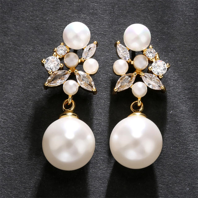 Elegant cubic zircon pearl bead drop wedding earrings