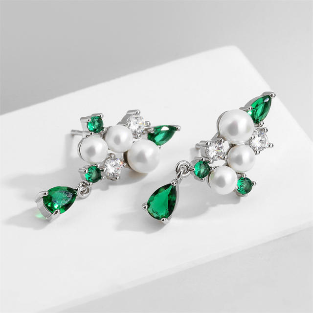 Personality emerald cubic zircon pearl bead copper drop earrings