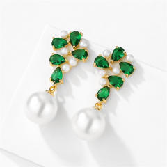 Holiday trend emerald cubic zircon pearl drop copper earrings