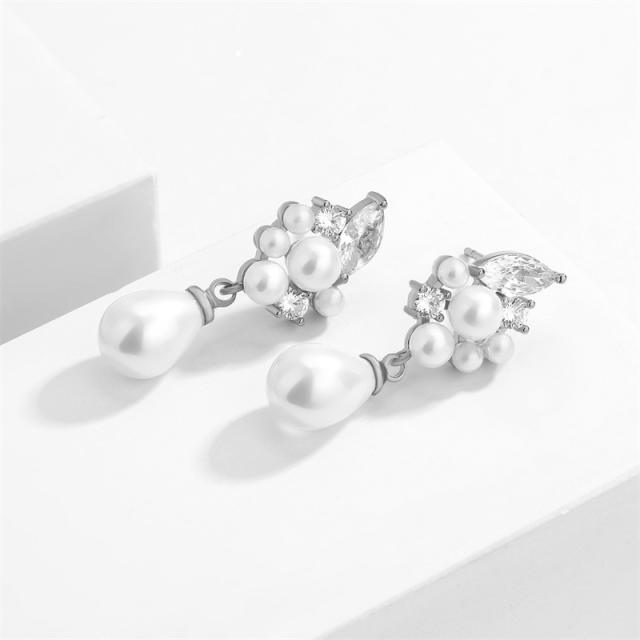 Delicate pearl bead cubic zircon copper drop earrings
