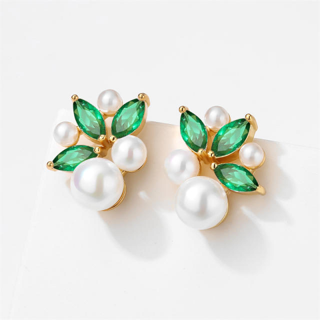 Chic delicate pearl bead cubic zircon copper studs earrings