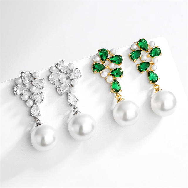 Holiday trend emerald cubic zircon pearl drop copper earrings