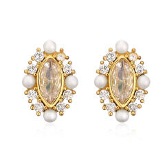 Delicate horse eye shape cubic zircon pearl bead copper studs earrings