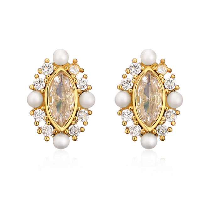 Delicate horse eye shape cubic zircon pearl bead copper studs earrings