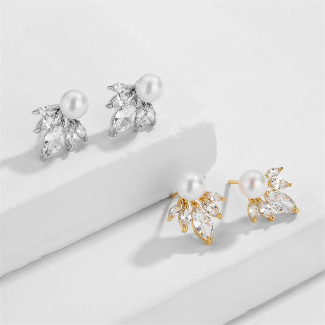 Delicate cubic zircon one pearl women studs earrings