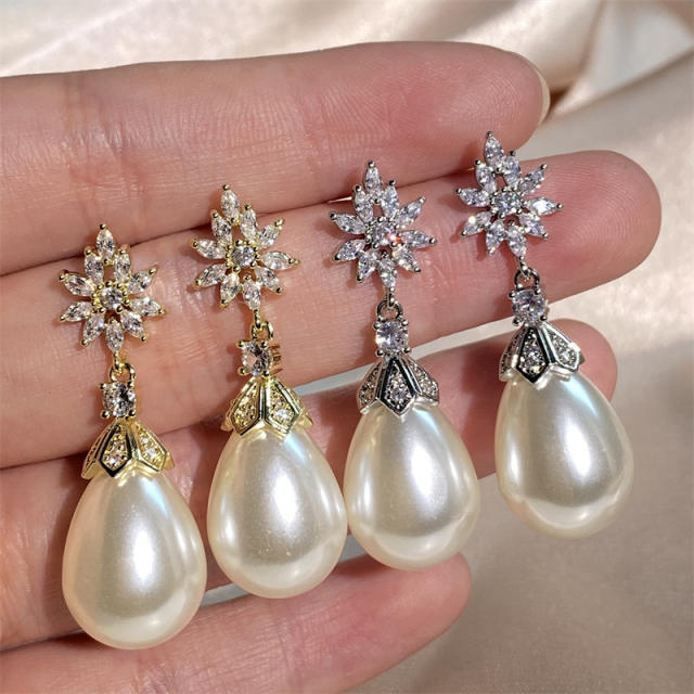 Eleagnt cubicz ircon tear drop pearl women wedding earrings prom earrings