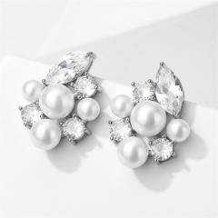 Elegant pearl bead cubic zircon wedding diamond studs earrings