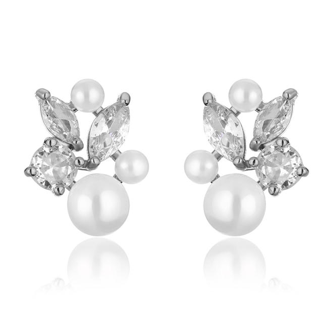 Korean fashion sweet elegant cubic zircon pearl bead studs earrings