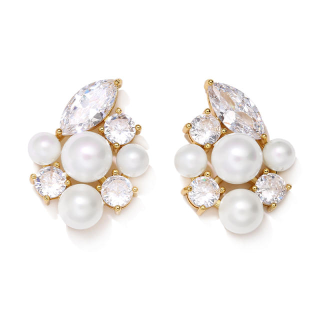 Elegant pearl bead cubic zircon wedding diamond studs earrings