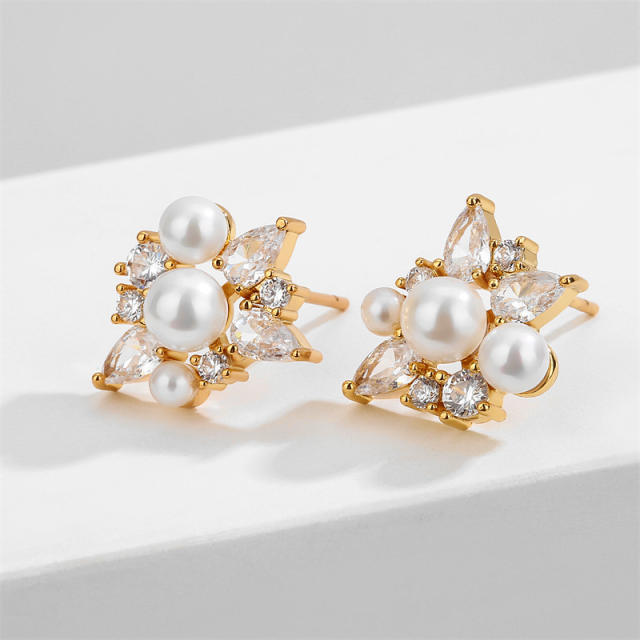 Chic pearl bead cubic zircon copper studs earrings