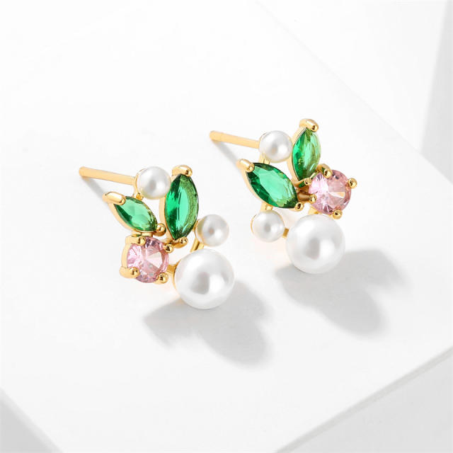 Korean fashion sweet elegant cubic zircon pearl bead studs earrings