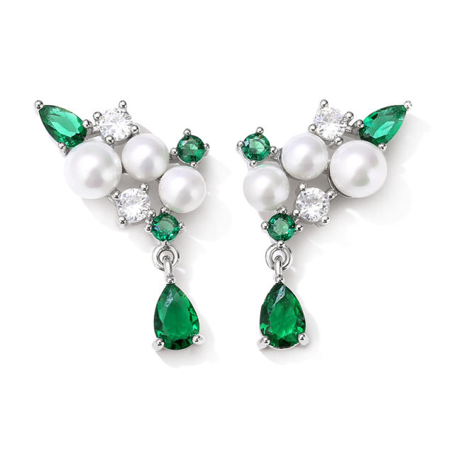 Personality emerald cubic zircon pearl bead copper drop earrings