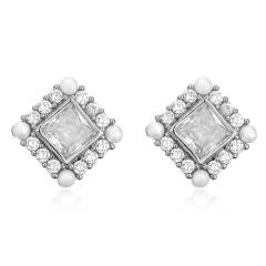 Chic OL easy match square shape cubic zircon pearl bead copper studs earrings
