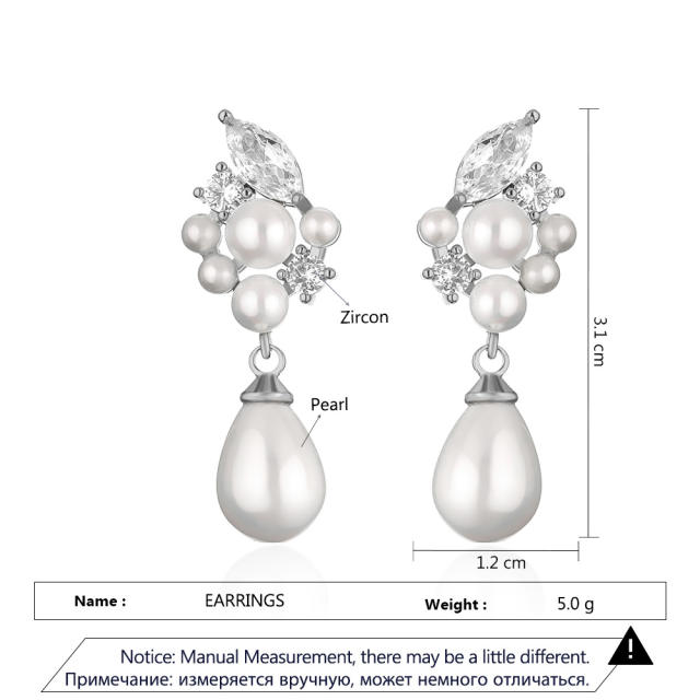 Delicate pearl bead cubic zircon copper drop earrings
