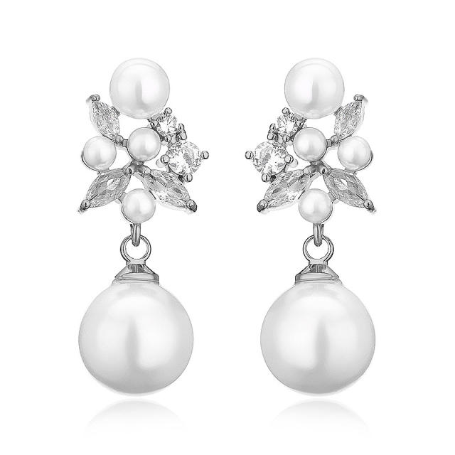 Elegant cubic zircon pearl bead drop wedding earrings