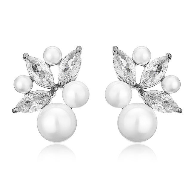 Chic delicate pearl bead cubic zircon copper studs earrings