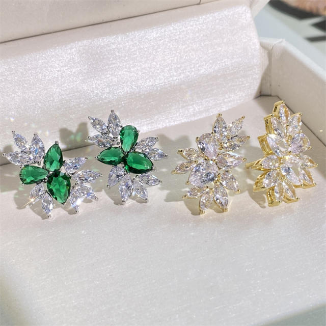 Delicate emerald cubic zircon statement copper studs earrings