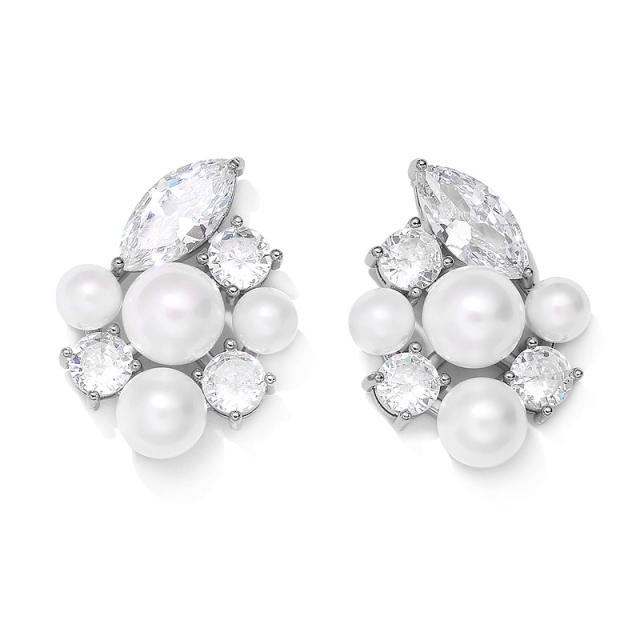 Elegant pearl bead cubic zircon wedding diamond studs earrings