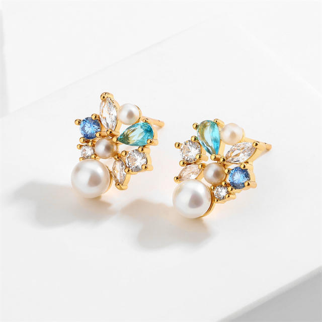 Elegant easy match color cubic zircon pearl bead copper studs earrings