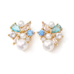 Elegant easy match color cubic zircon pearl bead copper studs earrings