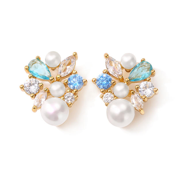 Elegant easy match color cubic zircon pearl bead copper studs earrings