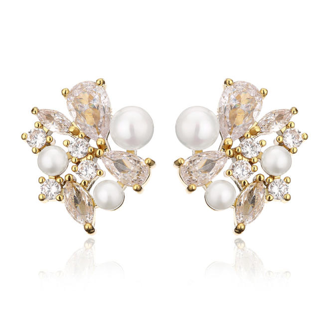 Korean fashion luxury pearl bead cubic zircon copper studs earrings