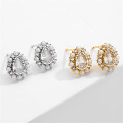Chic tear drop cubic zircon water pearl bead copper studs earrings