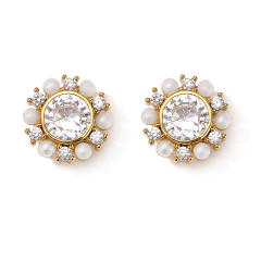 Concise chic round cubic zircon faux pearl bead studs earrings